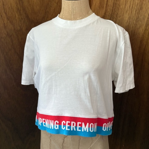 OPENING CEREMONY sz M White Crop Tee Top Short Sleeve Logo Band - Picture 1 of 8